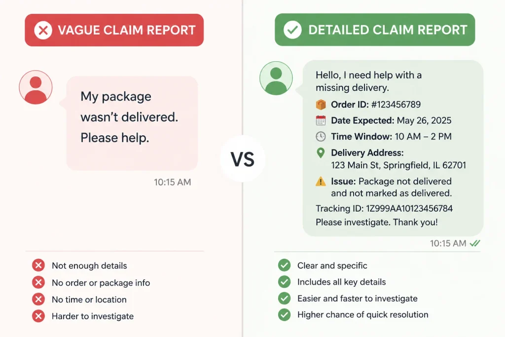 Comparison of a vague claim report versus a detailed, evidence-based claim report