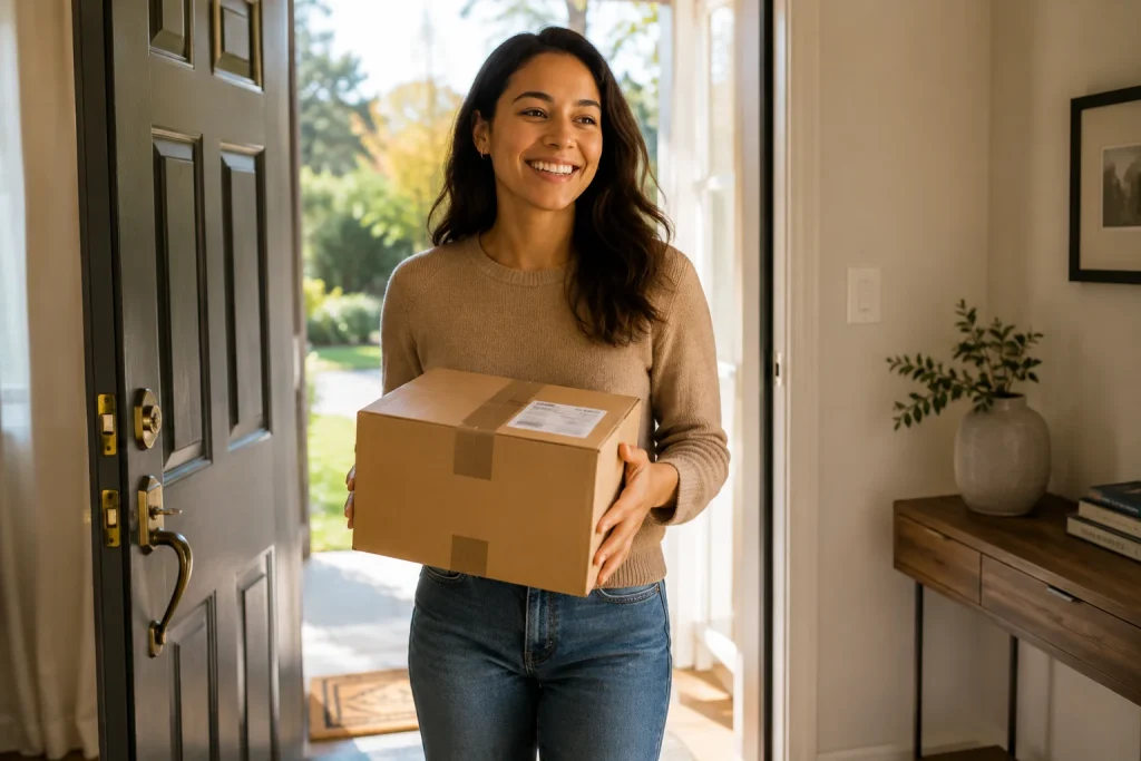 Customer confidently bringing a delivered package inside after resolving a stolen package claim