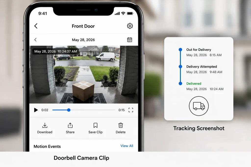 Doorbell camera footage and tracking screenshot used as evidence for a stolen package claim