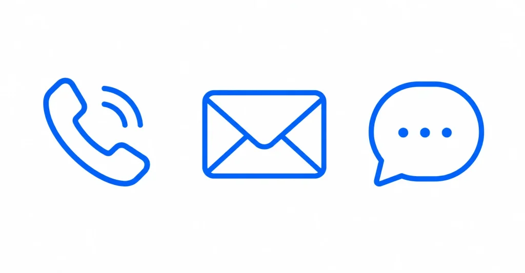 Icons representing phone, email, and live chat customer service options