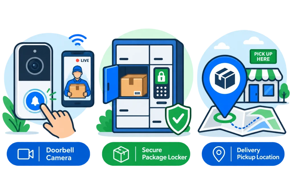 Icons representing ways to prevent future package theft doorbell camera, package locker, pickup location