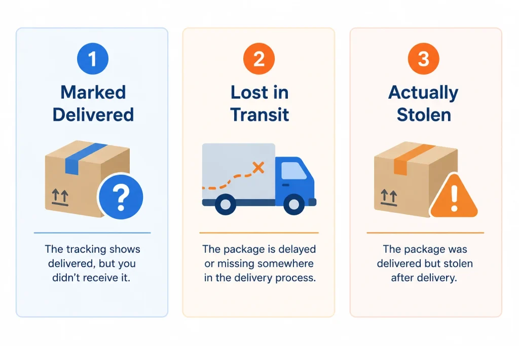 Illustration comparing a package marked delivered, lost in transit, and actually stolen