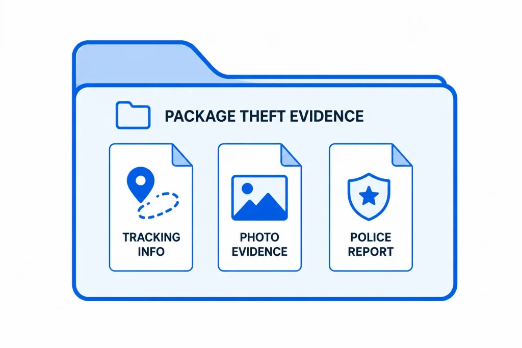 Illustration of documents gathered to submit a stolen package claim