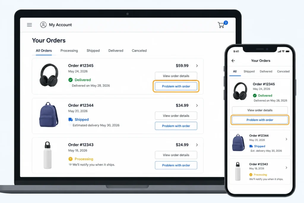 Mockup of reporting a problem with an order through an account order history page