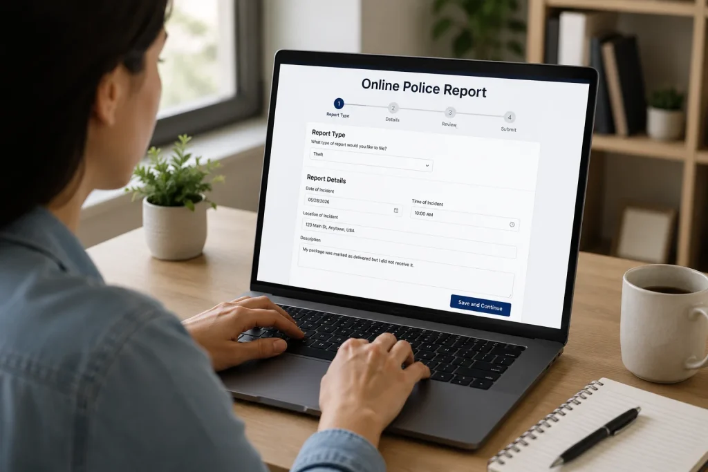 Person filing an online police report for a stolen package