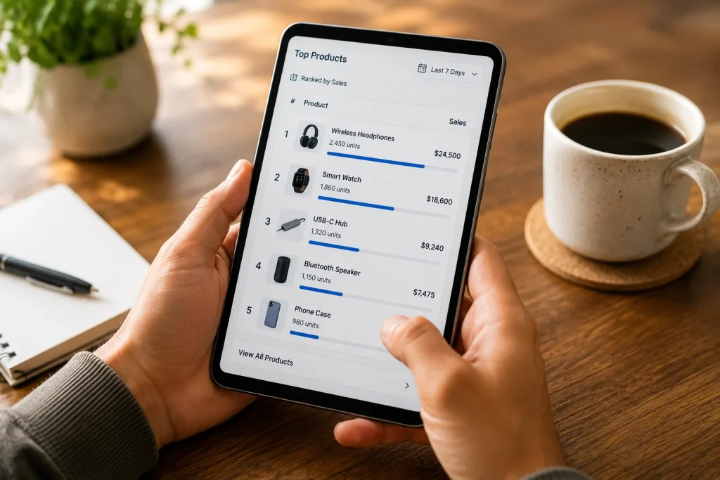 Amazon seller checking top-selling product rankings each morning