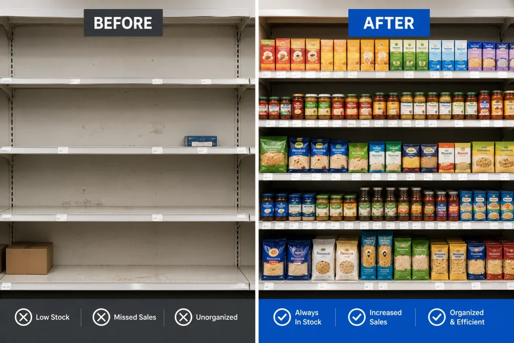 Before and after comparison of inventory levels after improved demand forecasting