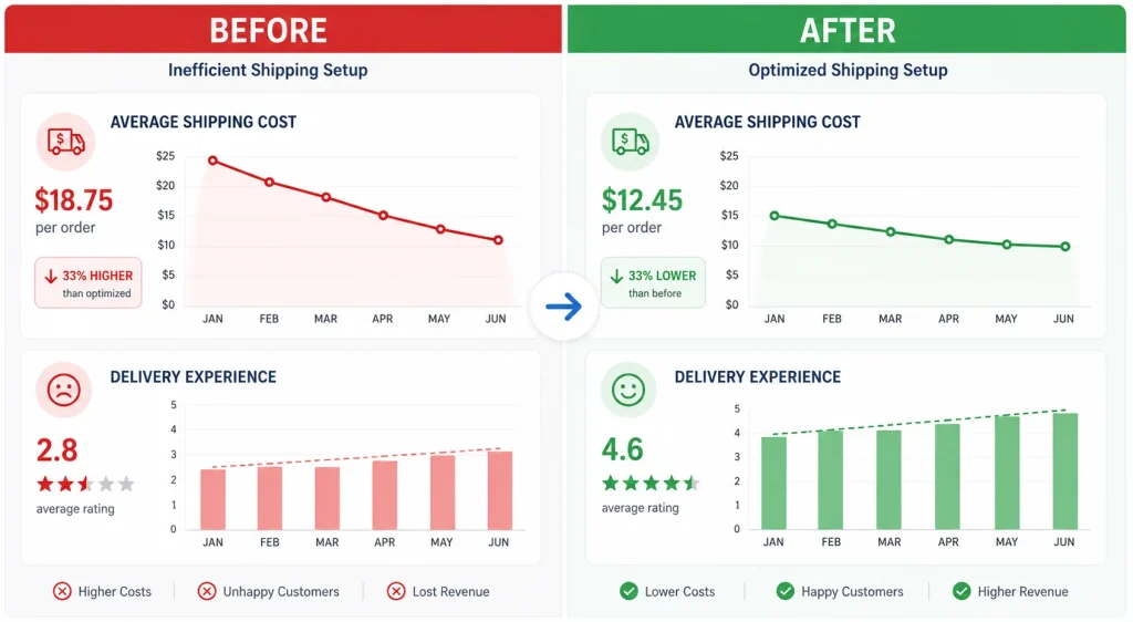 Before and after comparison of shipping costs and delivery ratings after template optimization
