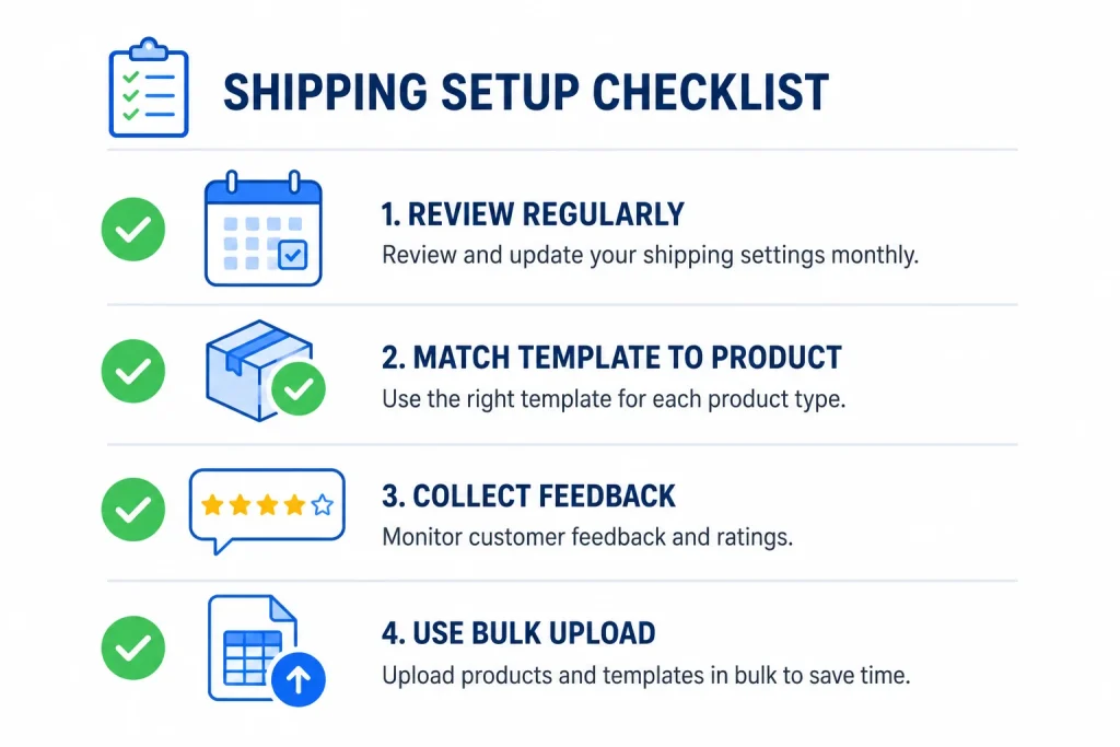 Checklist graphic for best practices in managing Amazon shipping templates