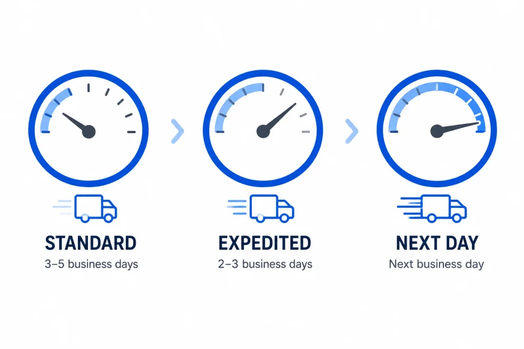 Icons comparing Standard, Expedited, and Next Day delivery speed options