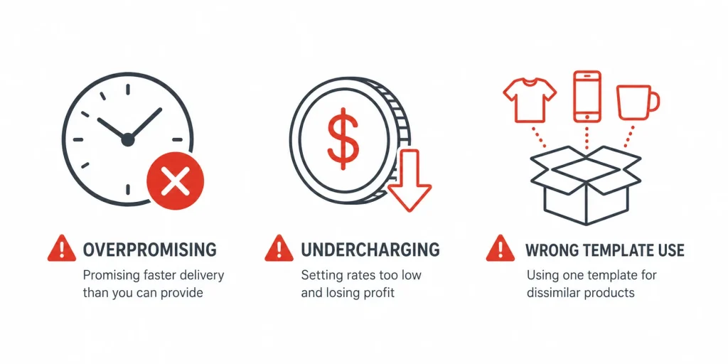 Icons representing common Amazon shipping template mistakes
