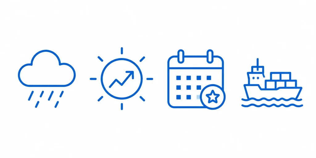 Icons representing external factors affecting Amazon product demand weather, trends, holidays, supply chain