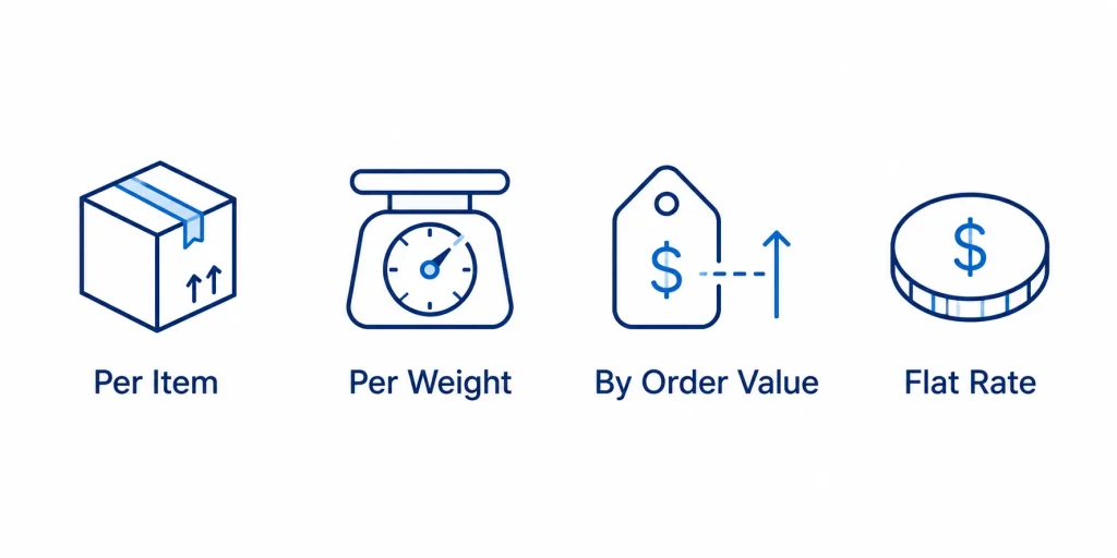 Icons representing four ways to set Amazon shipping rates per item, per weight, by order value, and flat rate