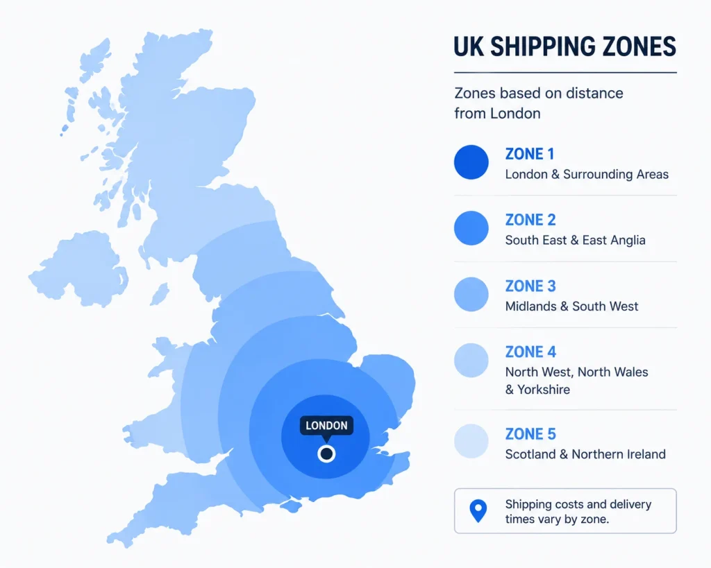 Map illustration showing shipping zones radiating from a seller's local region