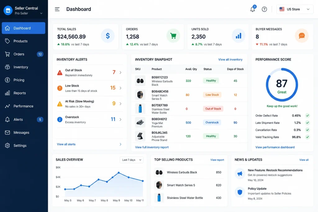 Mockup of an Amazon Seller Central inventory dashboard with stock alerts