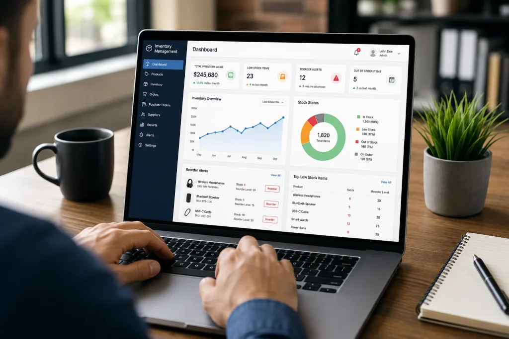 Seller using inventory management software to track stock levels