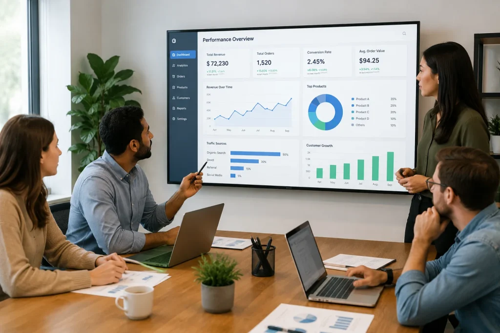 Amazon seller's team reviewing shared KPI performance data together