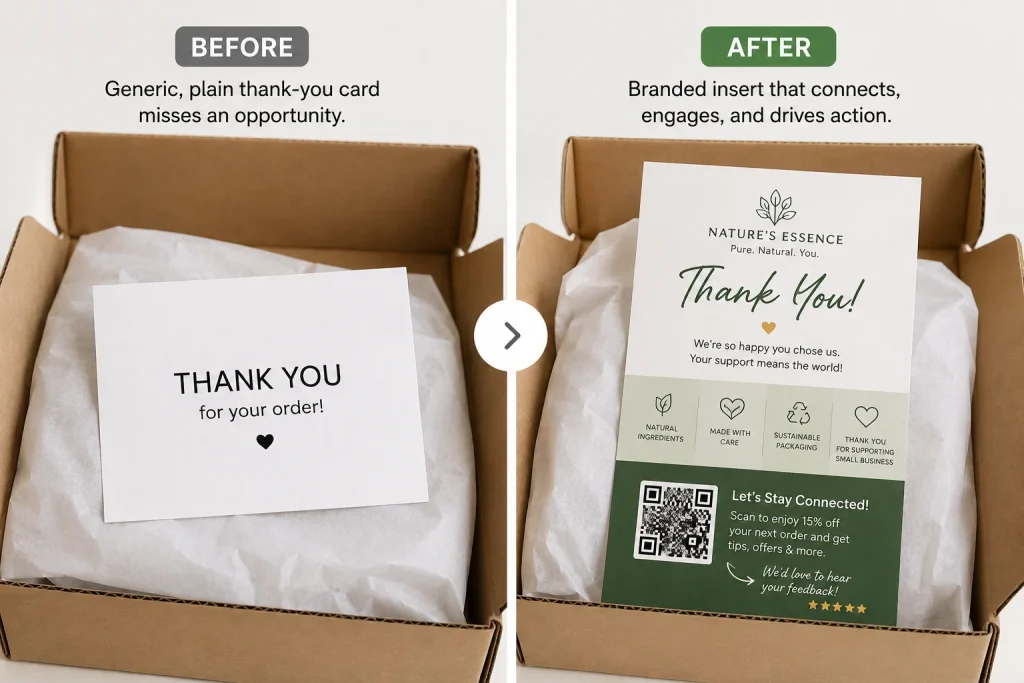 Before and after comparison of a generic insert versus a redesigned, targeted product insert