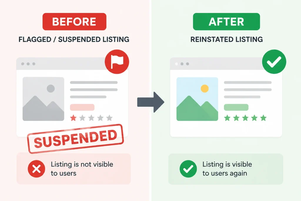Before and after illustration of a listing resolved after an intellectual property complaint