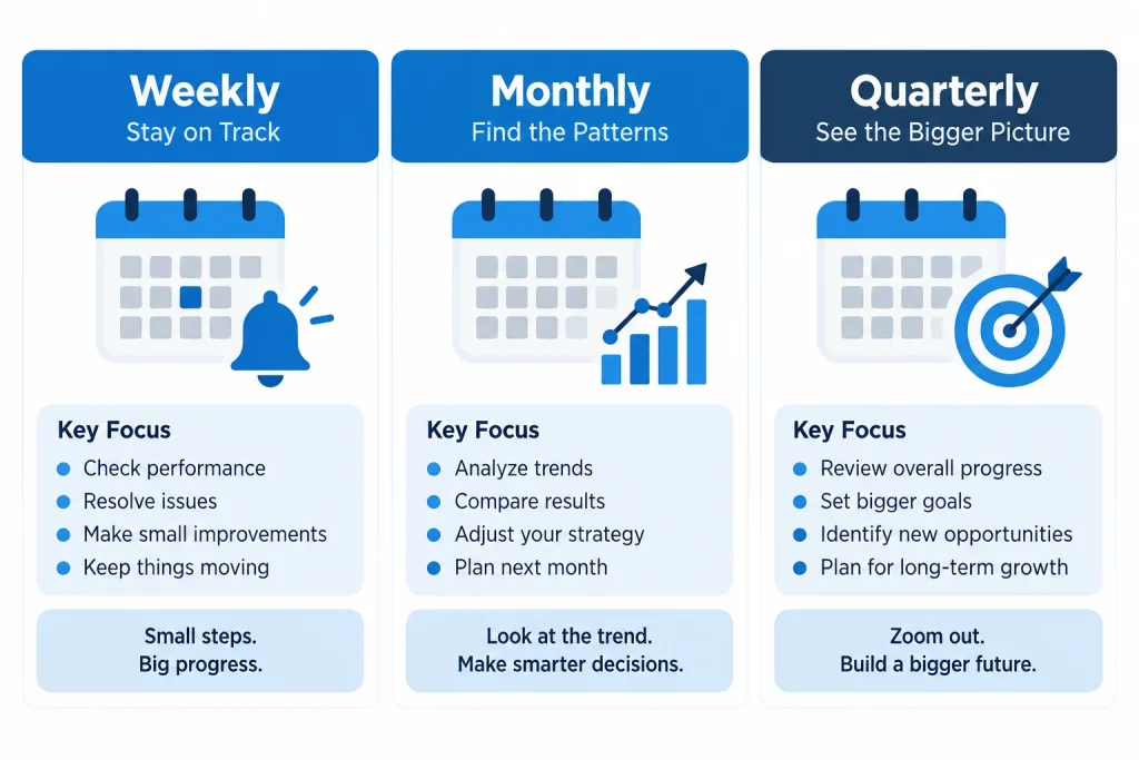 Calendar illustration showing weekly, monthly, and quarterly KPI review cadences (1) (1)
