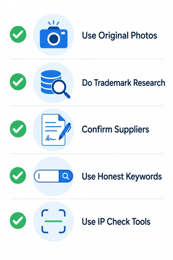 Checklist graphic for avoiding intellectual property infringements on Amazon