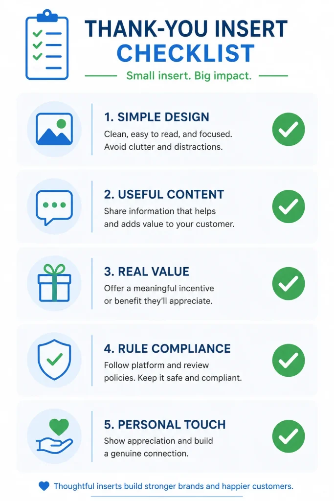 Checklist graphic for best practices when designing Amazon product inserts