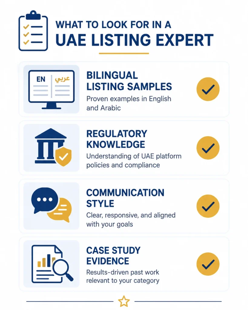 Checklist graphic for vetting an Amazon UAE expert or virtual assistant