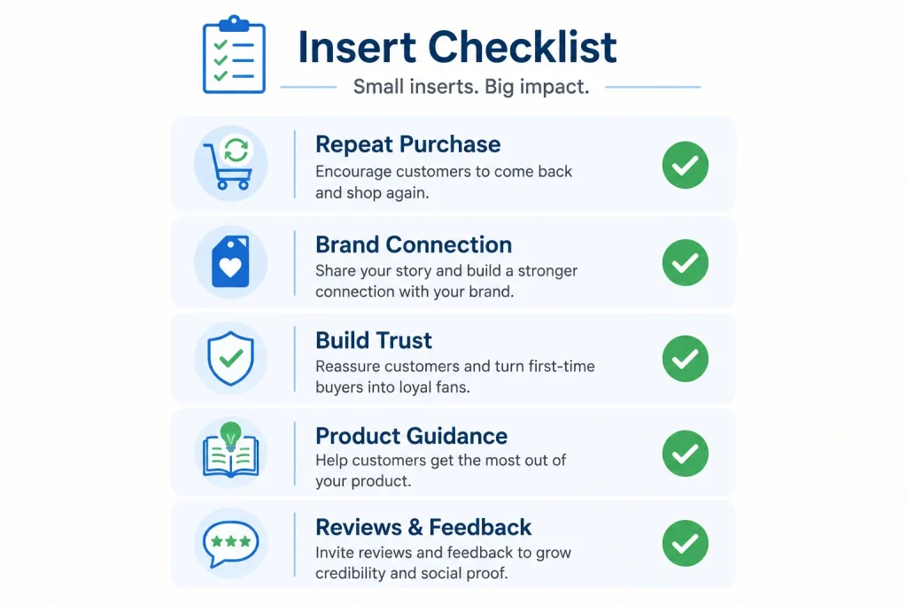 Checklist graphic showing the benefits of using Amazon product inserts