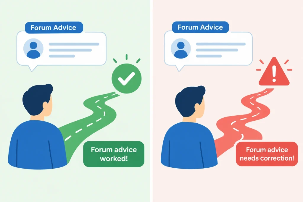 Comparison of a case where forum advice helped versus a case where expert correction was needed