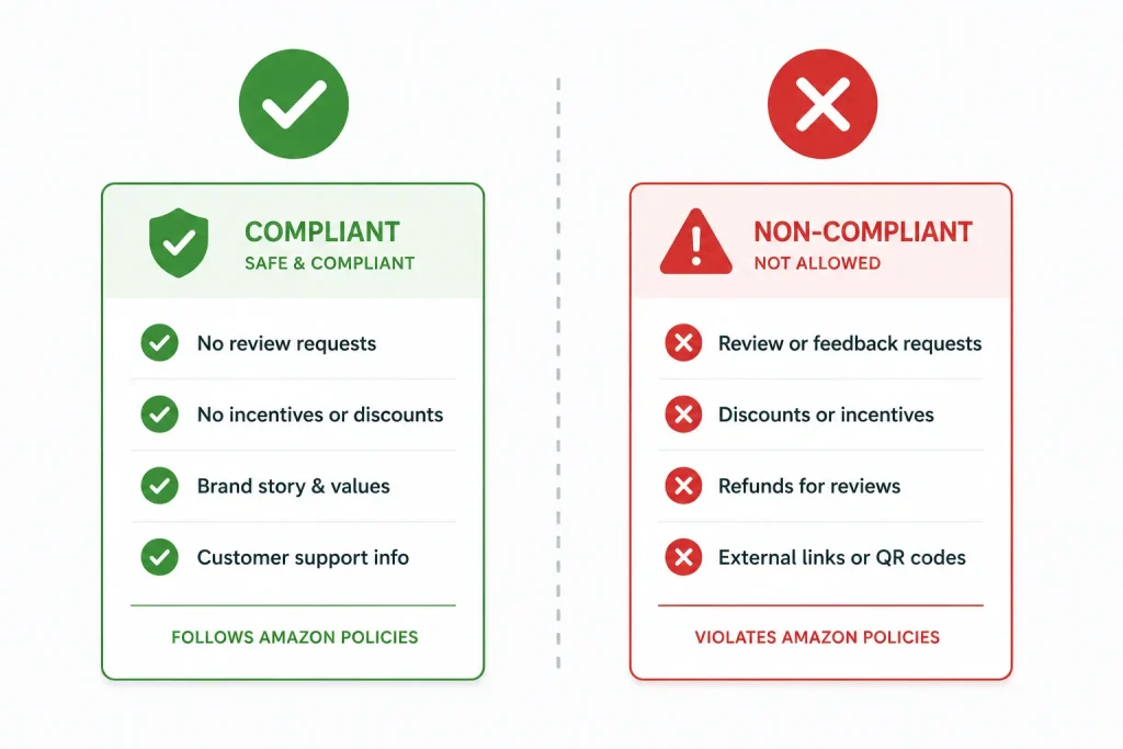 Compliant versus non-compliant product insert wording under Amazon's review policy