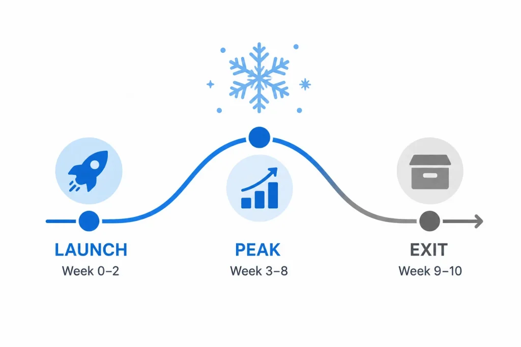 Compressed timeline showing launch, peak, and exit stages for a seasonal Amazon product
