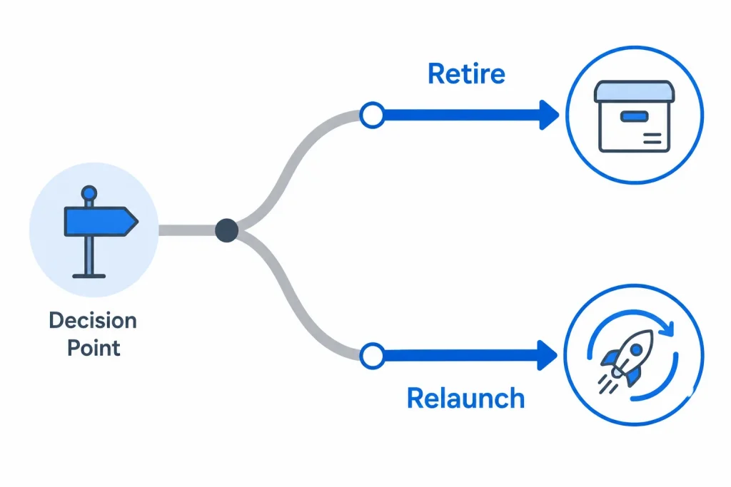 Decision diagram for retiring versus relaunching an Amazon product
