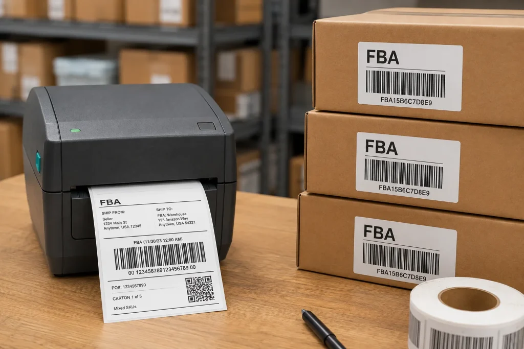 FBA shipment labels being printed as part of a restocking process