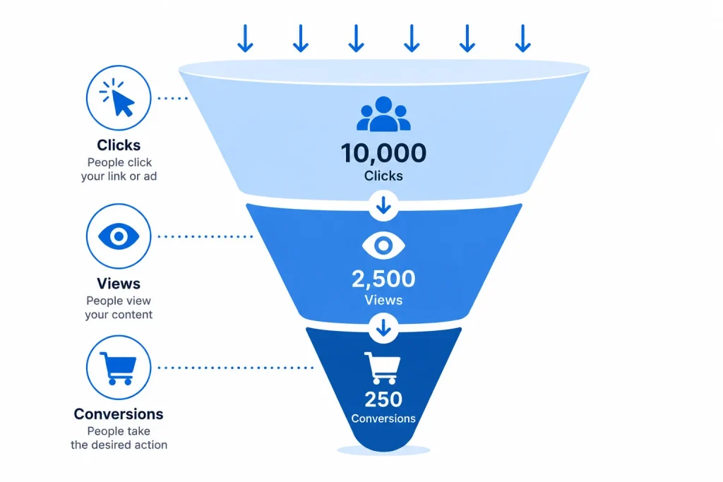 Funnel illustration showing how listing quality KPIs track clicks through to conversions