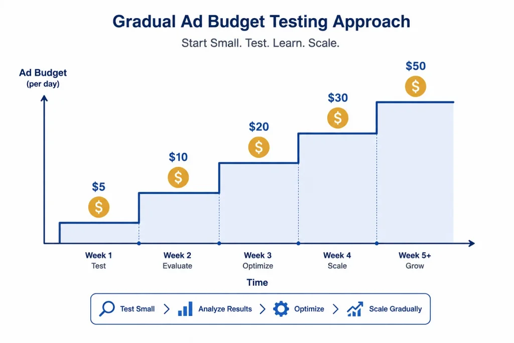 Graph showing a gradual, test-based approach to advertising budget