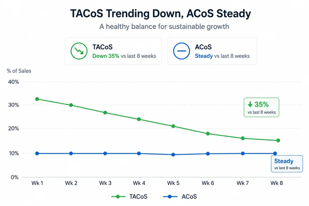 Graph showing a healthy pattern of falling TACoS alongside steady ACoS