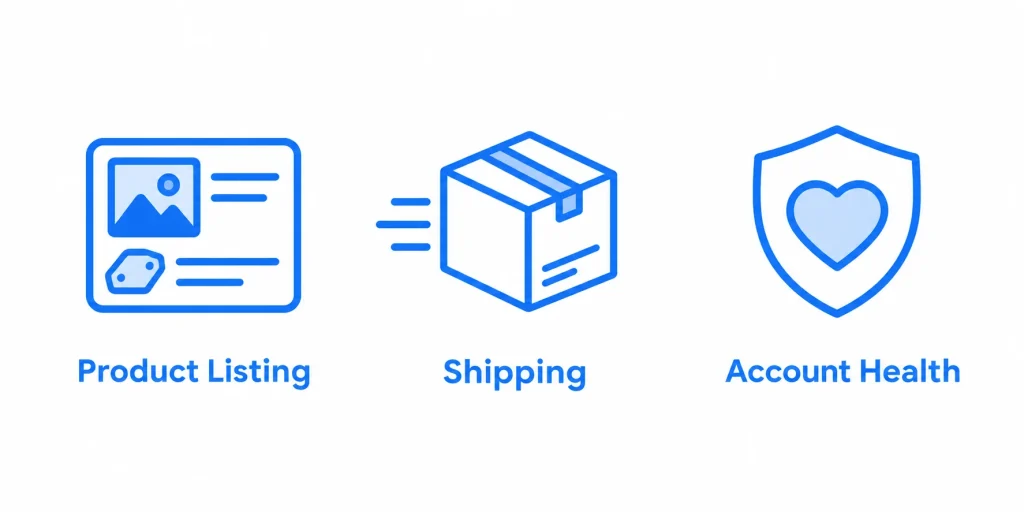 Icons representing common forum topics listings, shipping, and account health