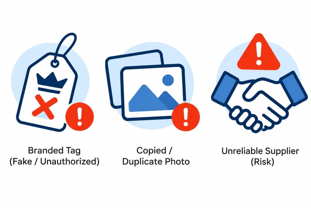 Icons representing common mistakes that lead to Amazon intellectual property infringements