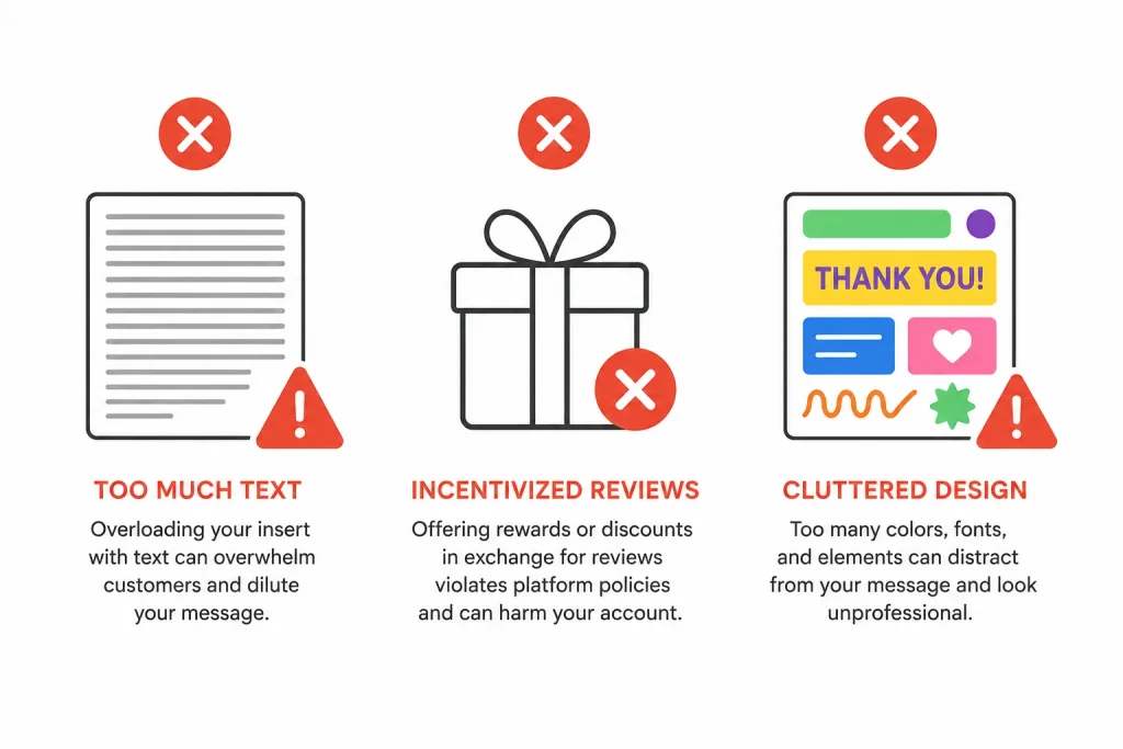 Icons representing common mistakes to avoid with Amazon product inserts