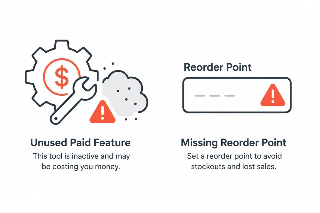 Icons representing common mistakes when using Amazon inventory management tools