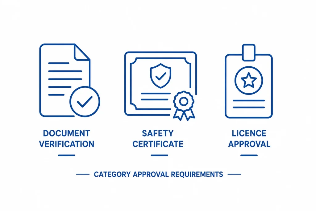 Icons representing documentation required for restricted product categories