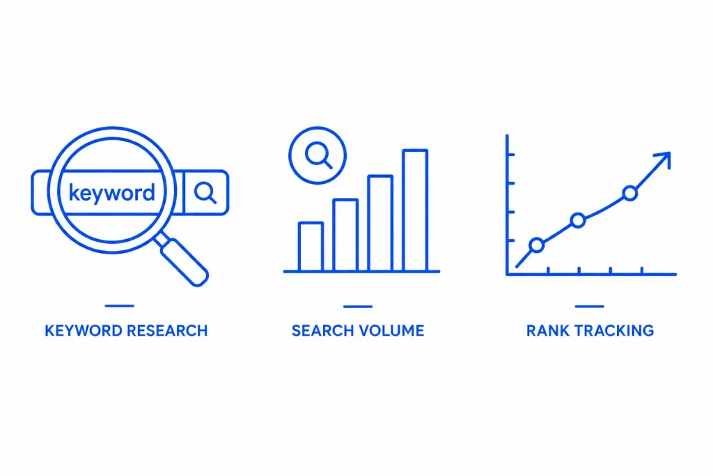 Icons representing keyword research and rank tracking tools