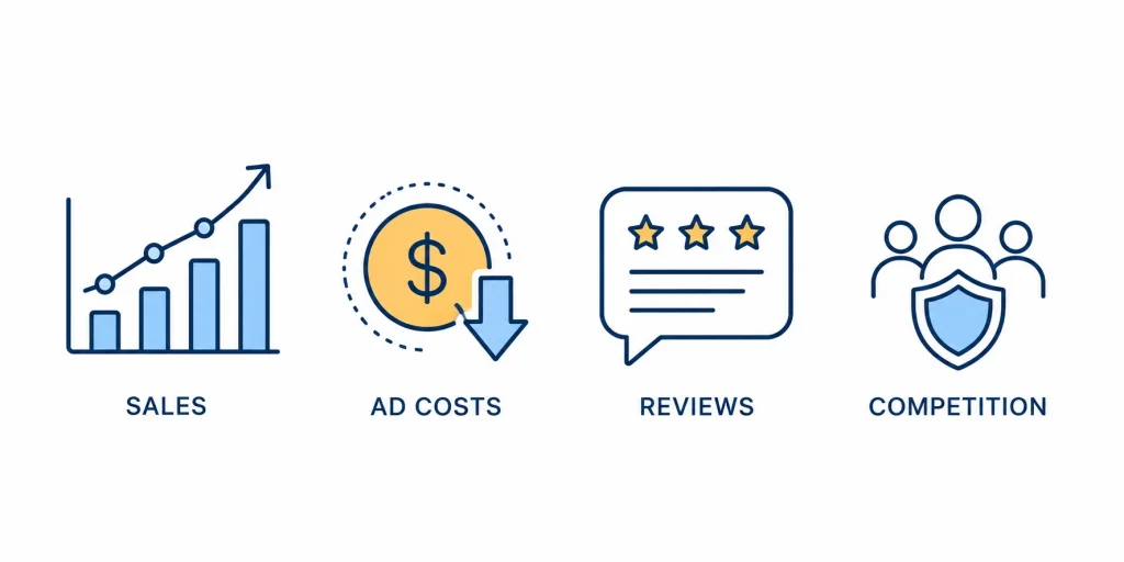 Icons representing signals of a product lifecycle stage shift sales, ad costs, reviews, competitors