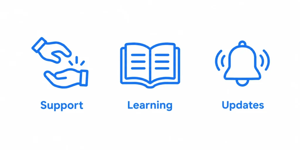 Icons representing the benefits of joining Amazon seller forums support, learning, and updates (1)