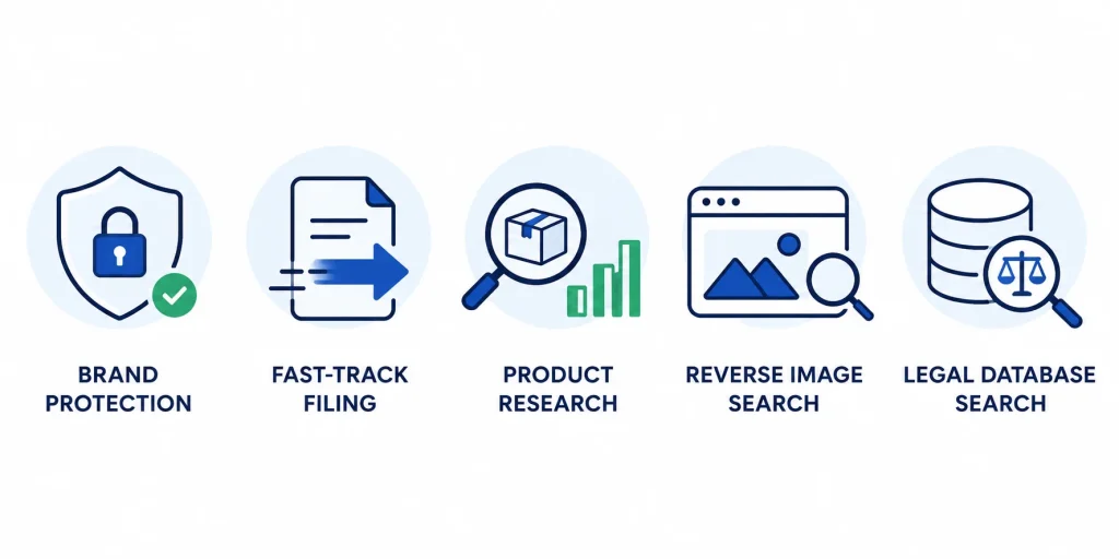 Icons representing tools that help protect Amazon sellers from intellectual property infringement
