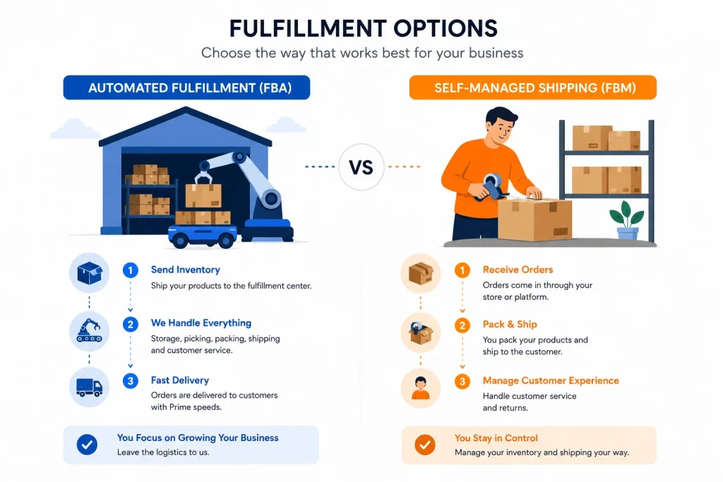Illustration comparing automated fulfillment to self-managed shipping
