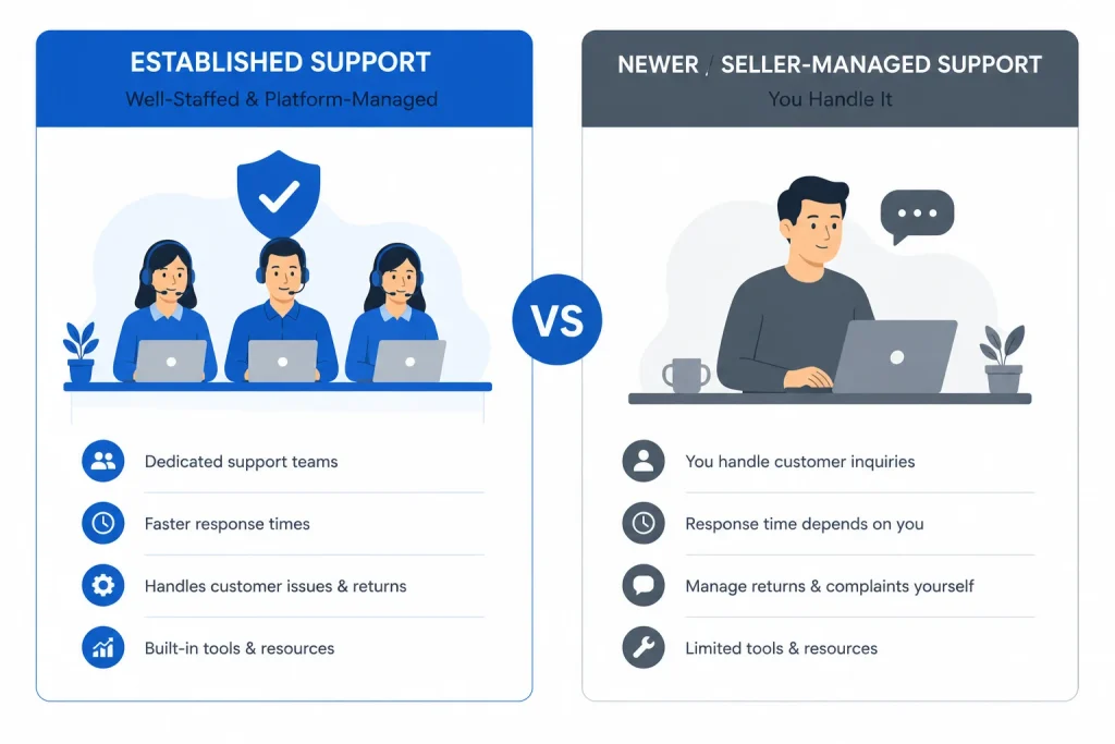Illustration comparing established platform support to newer seller-managed support