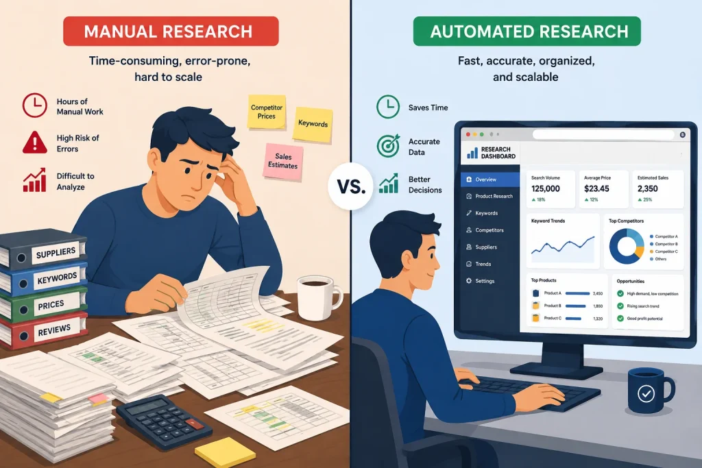 Illustration comparing manual product research to automated Chrome extension research