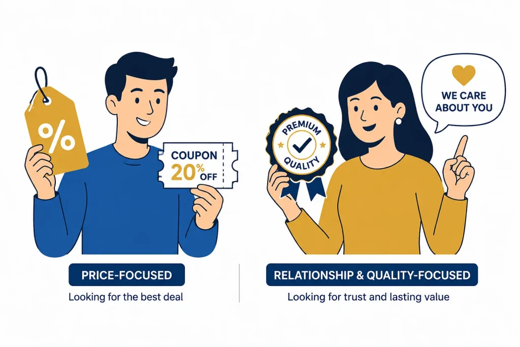 Illustration comparing price-focused and quality-focused shopper behavior