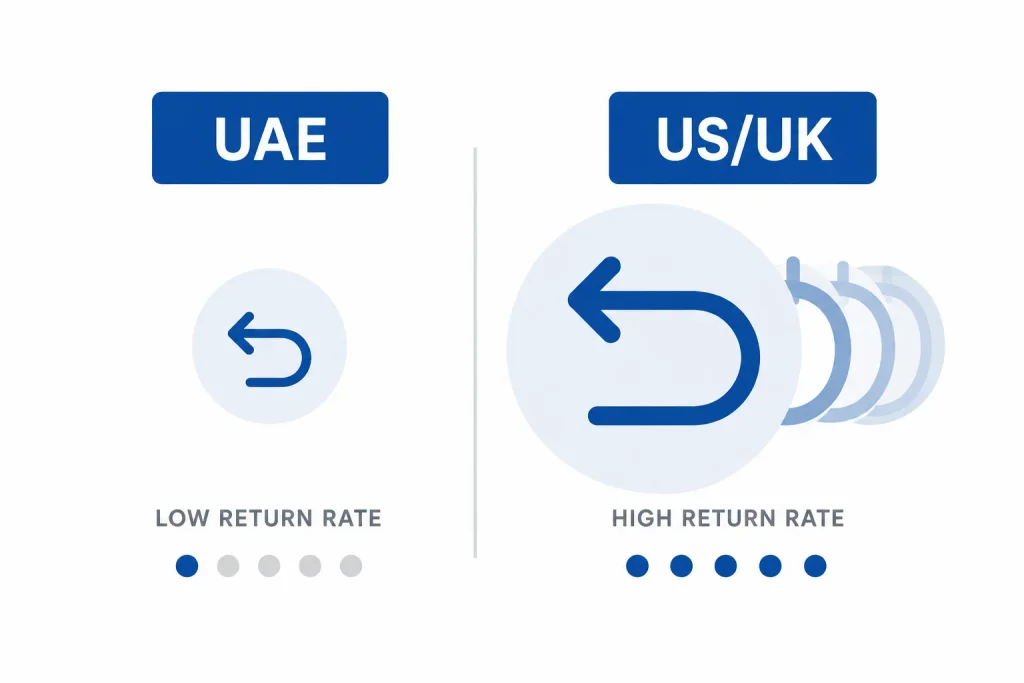 Illustration comparing return rate volumes between UAE and USUK marketplaces